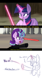 Size: 1200x2208 | Tagged: safe, artist:ashtoneer, artist:heir-of-rick, edit, starlight glimmer, twilight sparkle, alicorn, pony, unicorn, g4, :p, :t, clothes, female, force push, glowing horn, hooves, horn, insult, lidded eyes, lightsaber, magic, mare, no u, open mouth, pointing, smiling, smirk, smug, spread wings, star wars, star wars: the last jedi, tongue out, twilight sparkle (alicorn), underhoof, weapon, wing fluff, wings