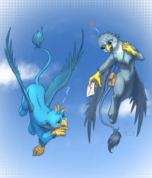 Size: 2850x3325 | Tagged: safe, artist:mykegreywolf, gabby, gallus, griffon, g4, armpits, bag, chest fluff, cloud, cute, daaaaaaaaaaaw, dots, featured image, female, fluffy, flying, gabbus, gabbybetes, gallabetes, heart, high res, hnnng, letter, love, love letter, mailbag, male, mykegreywolf is trying to murder us, open mouth, question mark, raised eyebrow, shipping, sky, smiling, spread wings, straight, sweet dreams fuel, wings