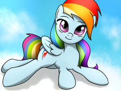 Size: 1024x768 | Tagged: safe, artist:fotasy, rainbow dash, pegasus, pony, g4, cloud, cute, dashabetes, female, looking at you, mare, multicolored hair, prone, sky, smiling, solo