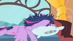 Size: 1920x1080 | Tagged: safe, screencap, twilight sparkle, alicorn, pony, g4, inspiration manifestation, season 4, animated, bed, bed hair, bouncing, female, frazzled, frazzled hair, golden oaks library, loop, lying down, mare, pillow, prone, solo, sound, twilight sparkle (alicorn), webm