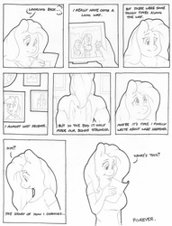 Size: 977x1280 | Tagged: safe, artist:zacharyisaacs, applejack, fluttershy, rainbow dash, twilight sparkle, earth pony, pegasus, unicorn, anthro, g4, biceps, clothes, comic, dialogue, female, flashback, lineart, mare, monochrome, muscles, muscleshy, photo, simple background, story included, tumblr comic, white background, wingless, wingless anthro