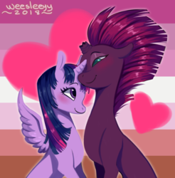 Size: 1570x1596 | Tagged: safe, artist:weesleeyy, tempest shadow, twilight sparkle, alicorn, pony, unicorn, g4, my little pony: the movie, abstract background, blushing, broken horn, female, heart, horn, lesbian, lesbian pride flag, looking at each other, mare, nuzzling, pride, pride month, ship:tempestlight, shipping, sitting, smiling, spread wings, twilight sparkle (alicorn), wings