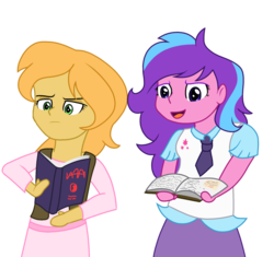 Size: 1024x964 | Tagged: safe, artist:berrypunchrules, oc, oc only, oc:melody aurora, oc:phoenix dawn, equestria girls, g4, book, duo, duo female, female, offspring, parent:flash sentry, parent:sunset shimmer, parent:twilight sparkle, parents:canon x oc, parents:flashlight, simple background, transparent background