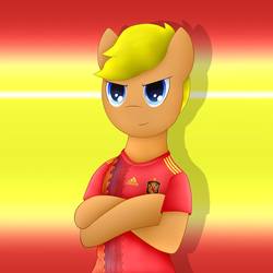 Size: 1200x1200 | Tagged: safe, artist:berryveloce, oc, oc only, oc:pizza frenzy, earth pony, pony, adidas, clothes, football, jersey, male, offspring, parent:cheese sandwich, parent:pinkie pie, parents:cheesepie, solo, spain, world cup, world cup 2018