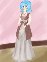 Size: 900x1200 | Tagged: safe, artist:bunnyviolet218, oc, oc only, oc:prudence aura, human, blushing, clothes, dress, female, happy, humanized, offspring, parent:rarity, parents:canon x oc, pregnant, solo