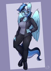 Size: 1800x2500 | Tagged: safe, artist:passigcamel, oc, oc only, oc:sentoki, anthro, clothes, commission, female, pants, shoes, smug, sneakers, solo, wings