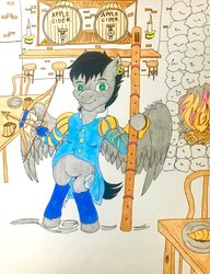 Size: 1024x1331 | Tagged: safe, artist:jamestkelley, oc, oc only, oc:silver lining, pony, arrow, bard, bipedal, bipedal leaning, bow (weapon), bow and arrow, cider, clothes, ear piercing, earring, fantasy class, fireplace, flute, jacket, jewelry, leaning, male, musical instrument, piercing, pose, smiling, solo, spread wings, tavern, traditional art, warrior, weapon, wings