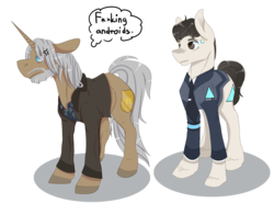 Size: 2700x2000 | Tagged: safe, artist:icefoxe, android, earth pony, pony, unicorn, censored vulgarity, clothes, connor, crossover, detroit: become human, duo, hank, hank anderson, high res, jacket, male, ponified, rk800, shirt, simple background, stallion, transparent background