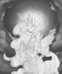 Size: 1689x1989 | Tagged: safe, artist:pixieshark, artist:sunbusting, princess celestia, alicorn, semi-anthro, g4, clothes, dress, female, grayscale, monochrome, sketch, solo