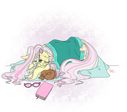 Size: 2000x1766 | Tagged: safe, artist:sourcherry, fluttershy, pegasus, pony, fallout equestria, g4, blanket, cutie mark, fanfic, fanfic art, female, floppy ears, glasses, gray mane, hooves, lying down, mare, ministry mares, nap, older, pillow, rad squirrel, solo, wrinkles