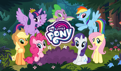 Size: 1024x600 | Tagged: safe, gameloft, screencap, applejack, fluttershy, pinkie pie, rainbow dash, rarity, spike, twilight sparkle, alicorn, dragon, pony, g4, forest, loading screen, looking at you, mane seven, mane six, my little pony logo, twilight sparkle (alicorn), winged spike, wings