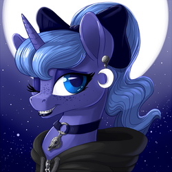 Size: 900x900 | Tagged: safe, artist:pusspuss, princess luna, alicorn, pony, bow, braces, choker, clothes, ear piercing, earring, female, freckles, goth, hoodie, jewelry, lipstick, looking at you, mare, moon, night, night sky, one eye closed, piercing, ponytail, s1 luna, skull, sky, smiling, solo, stars, teenager, wink