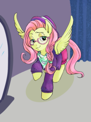 Size: 600x800 | Tagged: safe, artist:sajuaira, fluttershy, pegasus, pony, fake it 'til you make it, g4, alternate hairstyle, clothes, female, glasses, hat, hipstershy, mare, mirror, solo