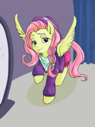 Size: 600x800 | Tagged: safe, artist:sajuaira, fluttershy, pony, fake it 'til you make it, g4, alternate hairstyle, female, hat, hipstershy, looking at you, mare, mirror, solo