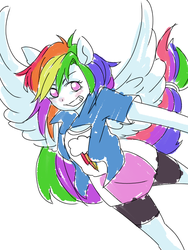 Size: 600x800 | Tagged: safe, artist:sajuaira, rainbow dash, equestria girls, g4, clothes, compression shorts, cute, female, flying, moe, pixiv, ponied up, shirt, shorts, simple background, skirt, solo, white background