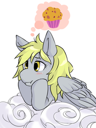 Size: 600x800 | Tagged: safe, artist:sajuaira, derpy hooves, pegasus, pony, g4, cloud, female, food, mare, muffin, simple background, solo, that pony sure does love muffins, white background