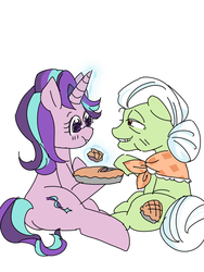 Size: 600x800 | Tagged: safe, artist:sajuaira, granny smith, starlight glimmer, earth pony, pony, unicorn, g4, apple, apple pie, duo, female, food, mare, pie, simple background, white background