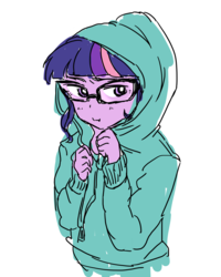 Size: 2283x2857 | Tagged: safe, artist:sajuaira, sci-twi, twilight sparkle, equestria girls, g4, my little pony equestria girls: friendship games, clothes, cute, female, glasses, high res, hoodie, pixiv, simple background, solo, twiabetes, white background