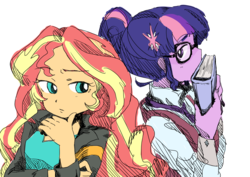 Size: 3541x2507 | Tagged: safe, artist:sajuaira, sci-twi, sunset shimmer, twilight sparkle, equestria girls, g4, my little pony equestria girls: friendship games, book, clothes, crystal prep academy uniform, duo, female, glasses, high res, jacket, leather jacket, lesbian, pixiv, school uniform, ship:sci-twishimmer, ship:sunsetsparkle, shipping, simple background, white background