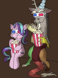 Size: 600x800 | Tagged: safe, artist:sajuaira, discord, starlight glimmer, draconequus, pony, unicorn, g4, 3d glasses, brown background, duo, female, food, male, popcorn, simple background
