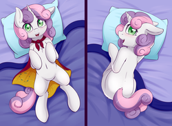 Size: 1100x806 | Tagged: safe, artist:fearingfun, sweetie belle, unicorn, semi-anthro, g4, belly button, blushing, body pillow, body pillow design, cape, chest fluff, clothes, cmc cape, cute, diasweetes, female, filly, looking at you, looking back, open mouth, pillow, smiling, solo