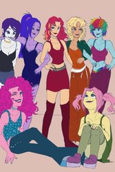 Size: 682x1024 | Tagged: safe, artist:astrid545269, applejack, fluttershy, pinkie pie, rainbow dash, rarity, sunset shimmer, twilight sparkle, equestria girls, g4, alternate hairstyle, clothes, humane five, humane seven, humane six, looking at you, midriff, miniskirt, one eye closed, simple background, skirt, socks, thigh highs, wink