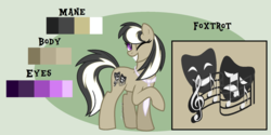 Size: 1600x802 | Tagged: safe, artist:ipandacakes, oc, oc only, oc:foxtrot, earth pony, pony, female, mare, offspring, parent:frederic horseshoepin, parent:octavia melody, parents:fredtavia, reference sheet, solo