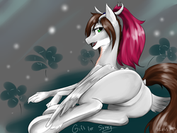 Size: 1024x768 | Tagged: safe, artist:evlass, oc, oc only, oc:sunny way, dragon, bedroom eyes, butt, dock, featureless crotch, female, gift art, looking at you, lying down, on side, plot, solo, underhoof