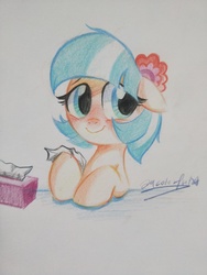 Size: 3456x4608 | Tagged: safe, artist:oofycolorful, coco pommel, earth pony, pony, g4, blushing, bust, female, floppy ears, mare, red nosed, sick, smiling, solo, tissue box, traditional art