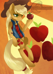 Size: 1024x1428 | Tagged: safe, artist:xxmoondropsxx, applejack, earth pony, semi-anthro, g4, apple, applejack's hat, clothes, cowboy hat, cutie mark, cutie mark background, female, freckles, hat, lidded eyes, mare, obligatory apple, sleeveless, solo, straw in mouth