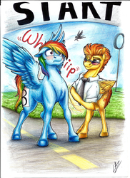 Size: 2550x3506 | Tagged: safe, artist:lupiarts, rainbow dash, spitfire, pegasus, pony, g4, blushing, clothes, female, flank, high res, lesbian, mare, ship:spitdash, shipping, smack, spanking, spread wings, startled, traditional art, wings