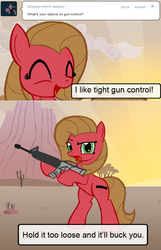 Size: 600x930 | Tagged: safe, artist:neonsupertails, oc, oc only, oc:pun, earth pony, pony, ask pun, ask, assault rifle, bipedal, female, gun, mare, pun, rifle, solo, weapon