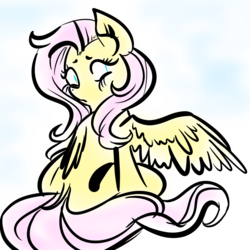 Size: 1000x1000 | Tagged: safe, artist:cycerina, fluttershy, pegasus, pony, g4, dock, female, looking over shoulder, mare, one wing out, rear view, simple background, sitting, solo, turned head, white background