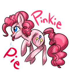 Size: 1000x1000 | Tagged: safe, artist:cycerina, pinkie pie, earth pony, pony, g4, blushing, cutie mark, dancing, evil enchantress, female, mare, simple background, solo, text, tongue out, transparent background