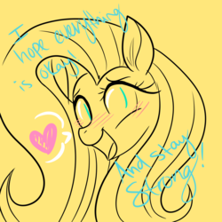 Size: 1000x1000 | Tagged: safe, artist:cycerina, fluttershy, pony, g4, blushing, dialogue, female, heart, looking at you, mare, open mouth, positive ponies, simple background, solo, speech bubble, yellow background