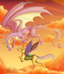 Size: 1200x1377 | Tagged: safe, artist:bijutsuyoukai, spike, thorax, changedling, changeling, dragon, g4, changeling x dragon, cloud, digital art, flying, gay, interspecies, king thorax, male, older, ship:thoraxspike, shipping, sky, sunset, winged spike, wings