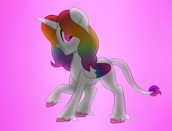 Size: 1024x781 | Tagged: safe, artist:thatonefluffs, oc, oc only, oc:prism light, alicorn, pony, colored wings, female, mare, multicolored wings, pink background, simple background, solo