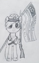 Size: 1876x3024 | Tagged: safe, artist:osha, oc, oc:blueberry jay, pony, unicorn, american civil war, army, clothes, female, flag, freckles, gun, maine, mare, musket, pencil drawing, rifle, traditional art, uniform, weapon