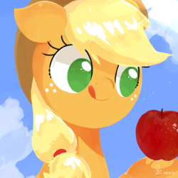 Size: 2000x2000 | Tagged: safe, artist:yunyeyoung, applejack, earth pony, pony, g4, apple, bust, cowboy hat, cute, female, food, freckles, hat, high res, hoof hold, jackabetes, mare, no pupils, portrait, solo, tongue out, underhoof