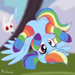 Size: 894x894 | Tagged: safe, artist:illuminatiums, edit, rainbow dash, pegasus, pony, g4, base used, butt, clothes, cute, dashabetes, dock, featureless crotch, female, frontbend, mare, plot, rainbow socks, sfw edit, show accurate, socks, spread wings, striped socks, tail, thigh highs, wings