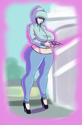 Size: 831x1263 | Tagged: safe, artist:annon, sci-twi, twilight sparkle, human, g4, belly button, bimbo, bimbo sparkle, clothes, female, fingernails, glasses, high heels, hood, hoodie, humanized, lips, long nails, midriff, nostrils, shoes, sky, solo, tight clothing, tree