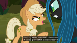 Size: 1103x618 | Tagged: safe, screencap, mean applejack, queen chrysalis, changeling, changeling queen, g4, the mean 6, clone, female, meme, youtube caption