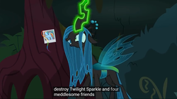 Size: 1102x619 | Tagged: safe, screencap, queen chrysalis, rainbow dash, changeling, changeling queen, g4, the mean 6, female, magic, meme, photo, tree, youtube caption