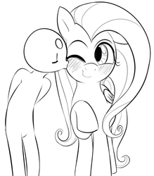 Size: 669x763 | Tagged: safe, artist:dotkwa, fluttershy, human, pegasus, pony, g4, blushing, cheek kiss, cute, female, grayscale, horse sized pony, kissing, mare, monochrome, one eye closed, smiling, solo