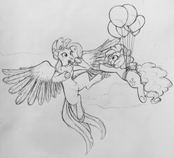 Size: 3021x2731 | Tagged: source needed, safe, artist:breezietype, pinkie pie, princess skystar, classical hippogriff, earth pony, hippogriff, pony, g4, my little pony: the movie, balloon, black and white, chest fluff, cloud, female, floating, frog (hoof), grayscale, high res, jewelry, lesbian, monochrome, necklace, shell, ship:skypie, shipping, sketch, then watch her balloons lift her up to the sky, traditional art, underhoof