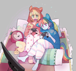 Size: 1111x1028 | Tagged: safe, artist:dusty-munji, applejack, rainbow dash, human, g4, clothes, controller, dualshock controller, female, freckles, humanized, lesbian, open mouth, pajamas, pillow, playstation 4, ship:appledash, shipping, video game