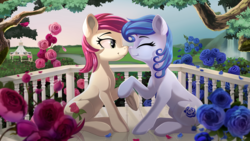 Size: 3840x2160 | Tagged: safe, artist:taneysha, roseluck, oc, oc:raylanda, earth pony, pony, g4, architecture, balcony, blue rose, boop, building, bush, canon x oc, cottagecore, cute, duo, duo female, eyes closed, female, flower, gazebo, grass field, happy, high res, hill, hoof hold, lesbian, lidded eyes, loving, mare, noseboop, outdoors, pavilion, petals, porch, raised hoof, raised leg, river, rose, rose bush, rose petals, roselanda, scrunchy face, shipping, sitting, sky, smiling, tree, underhoof, vegetation, wallpaper, water, waterfall, wooden, wooden fence, wooden floor