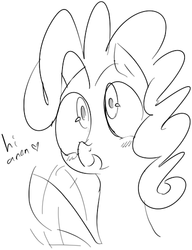 Size: 384x499 | Tagged: safe, artist:dotkwa, pinkie pie, earth pony, pony, g4, blushing, cute, female, grayscale, heart, hi anon, looking at you, mare, meme, monochrome, open mouth, smiling, solo, waving
