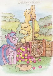 Size: 896x1280 | Tagged: safe, artist:daisymane, applejack, twilight sparkle, earth pony, pony, unicorn, applebuck season, g4, apple, apple tree, cart, cowboy hat, female, food, hat, mare, scene interpretation, silly, silly pony, sleeping, traditional art, tree, unicorn twilight, upside down, watercolor painting, who's a silly pony