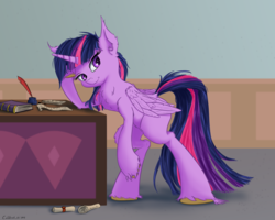 Size: 1500x1200 | Tagged: safe, artist:coldtrail, twilight sparkle, alicorn, pony, g4, book, chest fluff, desk, ear fluff, female, inkwell, looking at you, mare, quill, scroll, solo, twilight sparkle (alicorn), unshorn fetlocks